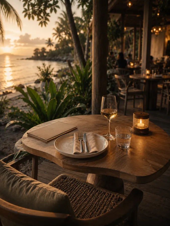Une table dressée face à la mer, au coucher du soleil